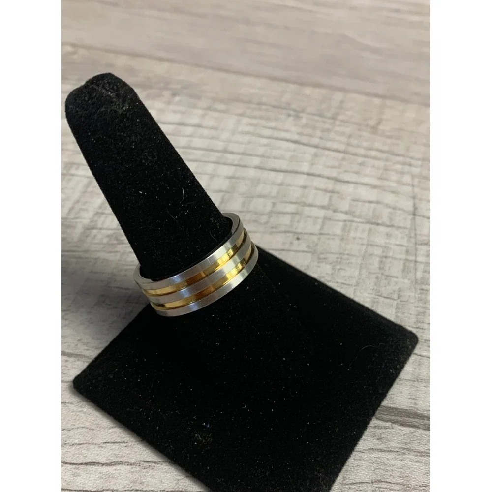 Mens Two Tone Silver Gold Band Ring Brushed Finish Modern Minimalist Sz 9.5 3418